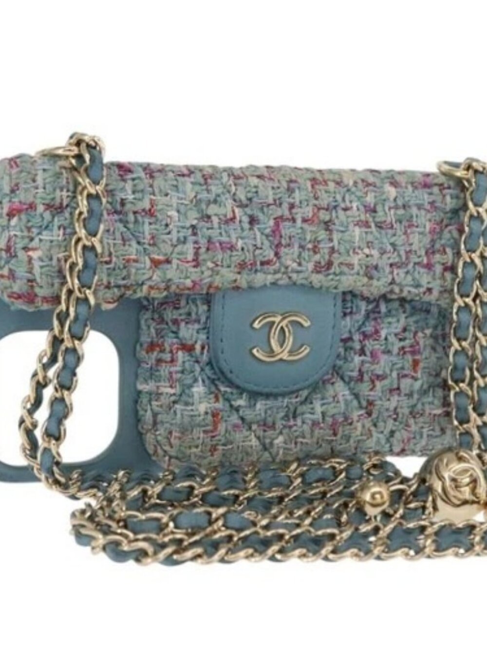 CHANEL iPhone Case Tweed Light Blue CC Auth bs32870